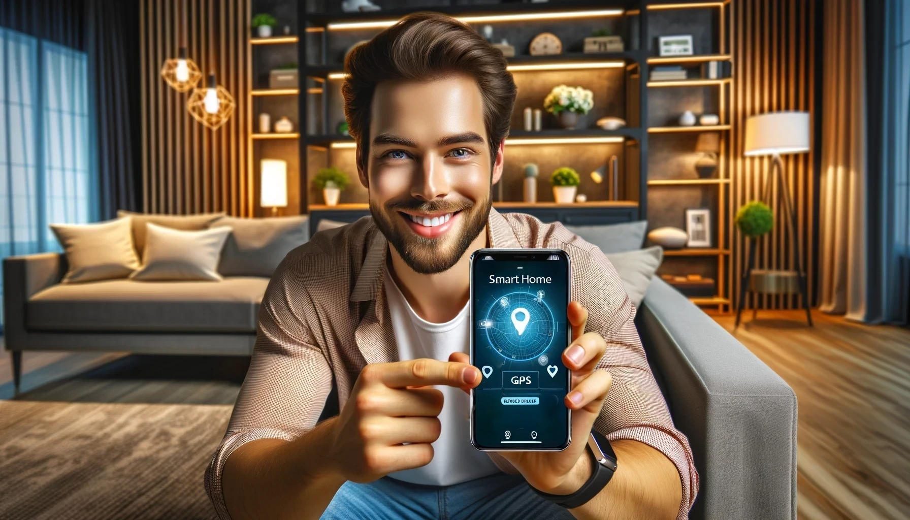 A smiling man is sitting in a modern living room, holding a smartphone while setting up a smart home app with GPS functions.