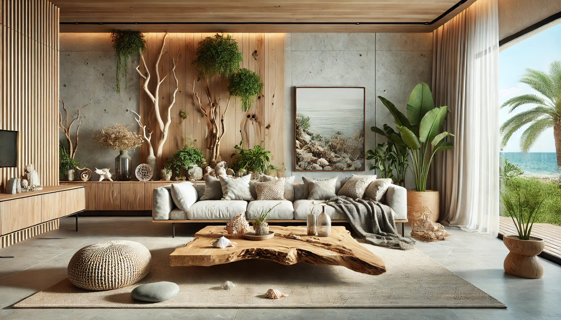 a modern and cozy living room decorated with natural materials.