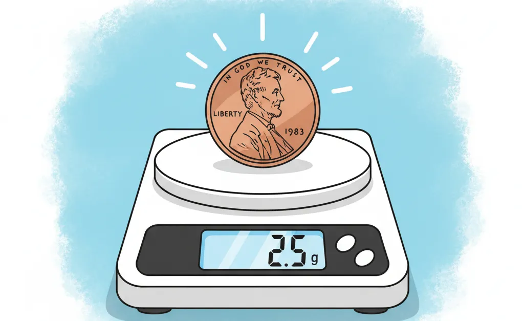 Lincoln 1983 Penny on the scale weighs 2.5 grams